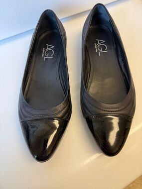 AGL Black Leather Flats with Patent Toe